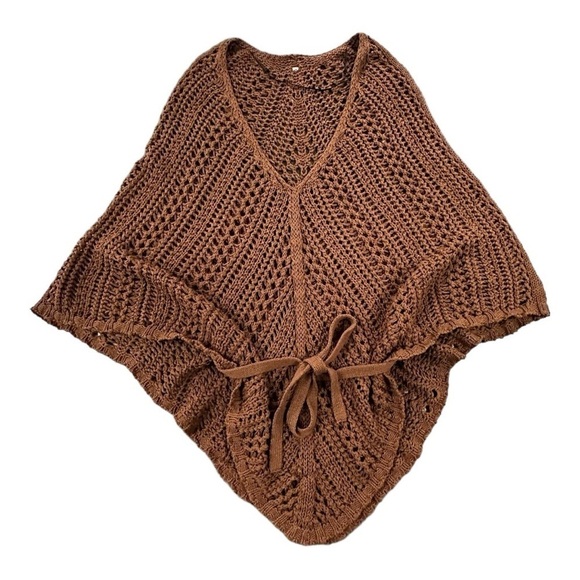Brown Boho Crochet Knit Poncho w Belt - Picture 4 of 7